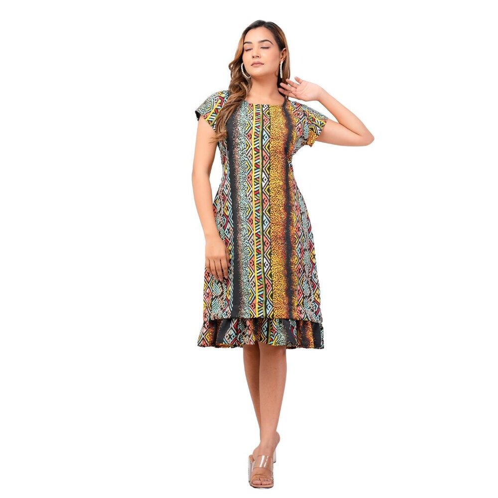 Riara Women Casual Midi Dress Short Sleeve Round Neck Party Wear Dress for Girls